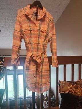Lands' End Peach and Blue Plaid Long-Sleeve Shirt Dress with Tie Belt